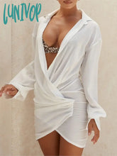 Lunivop White Sheer Shirt Dresses For Women 2024 New Summer Vacation Deep V-Neck Long Sleeve Mini
